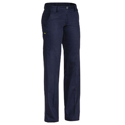 A pair of navy blue Bisley BPL6007 ladies original cotton drill pants with a mobile phone pocket on the right side and a key loop on the front left side.