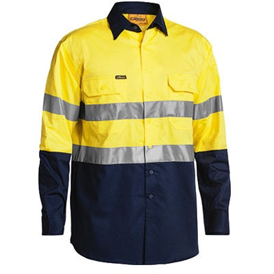 High-visibility work shirt with yellow and navy colors on a white background