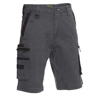 Gray cargo shorts with multiple pockets on a white background