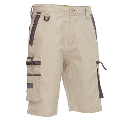 Beige cargo shorts with gray accents on a white background