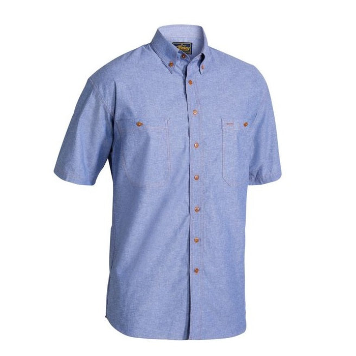 Classic short sleeve button down, Bisley B71407 Chambray Short Sleeve Shirt, front view, blue