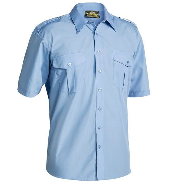 Light blue, lightweight, professional, Bisley B71526 Epaulette Short Sleeve Shirt, front view
