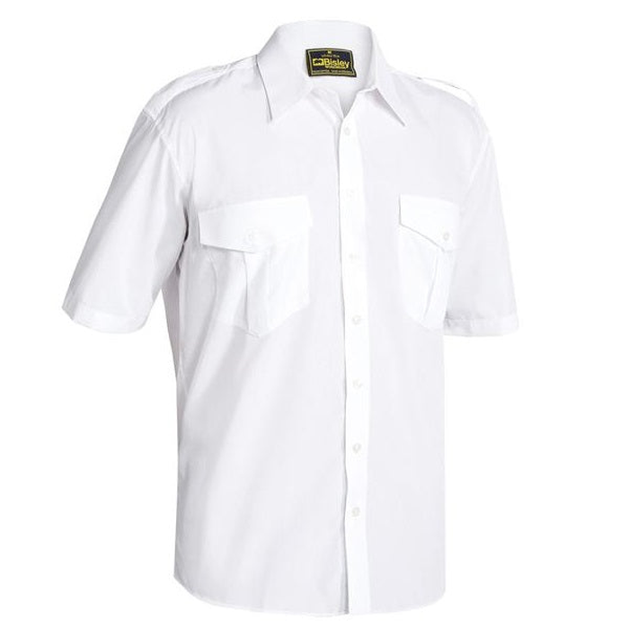 White mens, short-sleeve button-up shirt with two chest pockets and shoulder epaulets, Bisley B71526 Epaulette Short Sleeve Shirt, front view