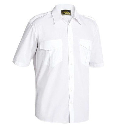White mens, short-sleeve button-up shirt with two chest pockets and shoulder epaulets, Bisley B71526 Epaulette Short Sleeve Shirt, front view