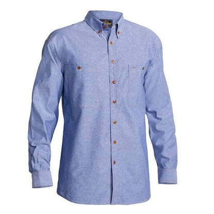 Classic Chambray, premium fabric, Bisley B76407 Mens Long Sleeve Cotton Chambray Shirt, blue,  front view