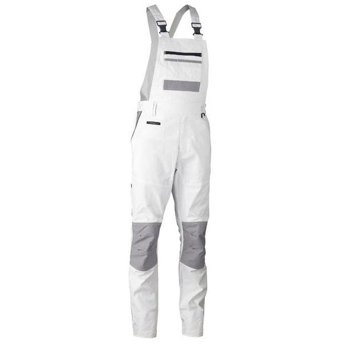 White technical painting industry bib overalls with gray knee panels , Bisley BAB0422 Painters Contrats Bib and Brace Overall, front view