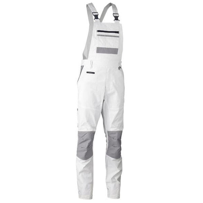 White technical painting industry bib overalls with gray knee panels , Bisley BAB0422 Painters Contrats Bib and Brace Overall, front view