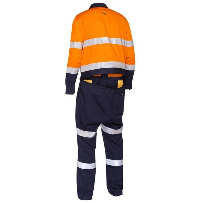 Bisley BC6066T Taped Hi Vis Work Coverall With Waist Zip Opening, rear view, zip across, orange/navy