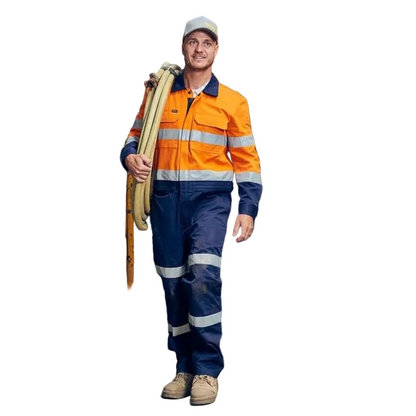 Model view, Bisley BC6066T Taped Hi Vis Work Coverall With Waist Zip Opening, orange/navy