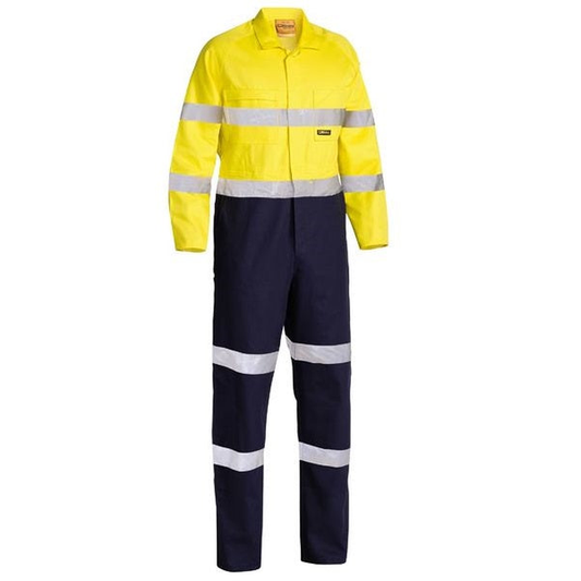 High-visibility two-tone yellow/ navy, coverall jumpsuit, traditional fit, front view, Bisley BC6357T Taped Hi Vis Drill Coverall