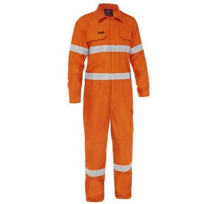 Orange high-visibility work jumpsuit, flame resistant, modern fit, Bisley BC8478T Apex 185 Taped HiVis FR Ripstop Vented Coverall, front view