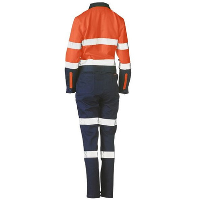Bisley BCL6066T Womens Taped HiVis Cotton Drill Coverall, orange/navy, rear view