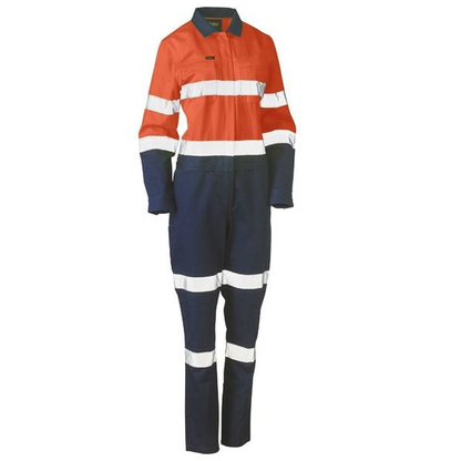 Orange/navy, zip up with collar, Bisley BCL6066T Womens Taped HiVis Cotton Drill Coverall, front view