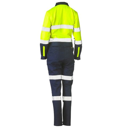 yellow/navy, rear view  Bisley BCL6066T Womens Taped HiVis Cotton Drill Coverall