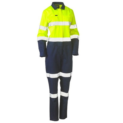yellow/navy, Bisley BCL6066T Womens Taped HiVis Cotton Drill Coverall, front view, premium preshrunk fabric