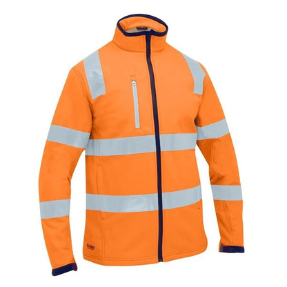 Orange high-visibility zip up, Bisley BJ6058T Taped Hi Vis Soft Shell Jacket, front zip pocket, high neck, front view