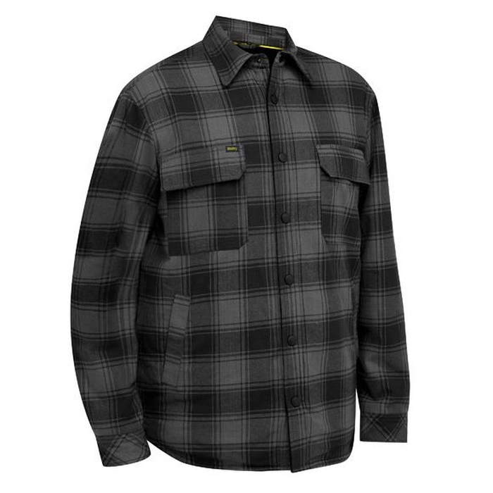 Bisley BJ6101 Shacket with Sherpa Lining, mens, charcoal check, chest pockets, front view