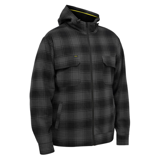 Mens Charcoal plaid, zip up, warm, heavy duty, Bisley BJ6102 Zip Hoodie wtih Sherpa Lining, front view