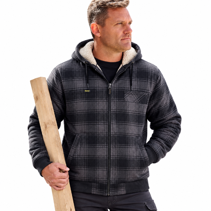 Model, lifestyle view of mens zip up jacket with hood, tradie, worksite, Bisley BJ6102 Zip Hoodie wtih Sherpa Lining