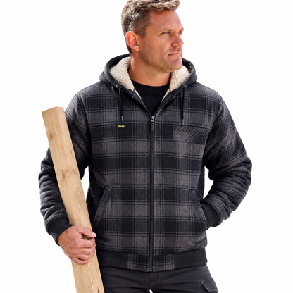 Model, lifestyle view of mens zip up jacket with hood, tradie, worksite, Bisley BJ6102 Zip Hoodie wtih Sherpa Lining