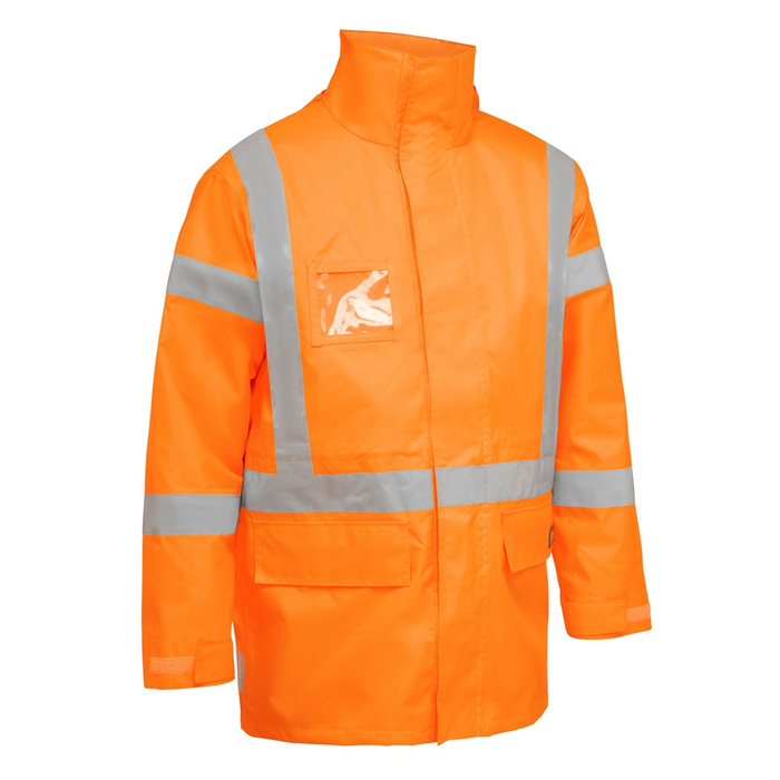 Hi Vis, Orange safety jacket with reflective tape, Bisley BJ6374XT X Taped 5 in 1 Rain Jacket, front view