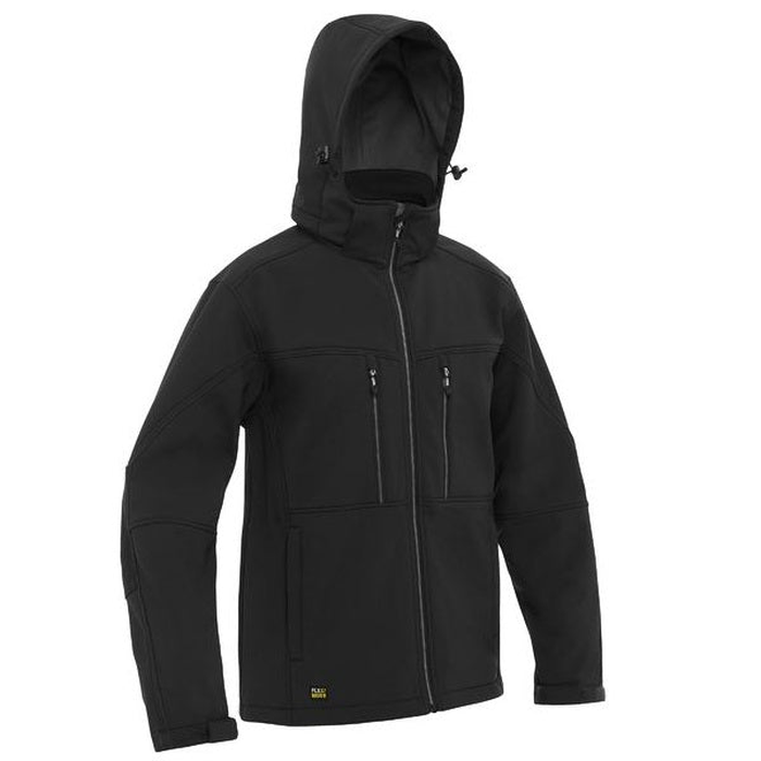 Bisley BJ6570 Flex And Move Hooded Soft Shell Jacket, black, hooded, front zip pockets, front view