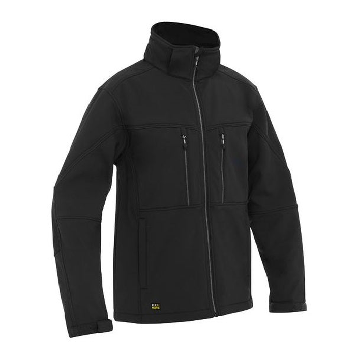 Black technical jacket with a high collar, full-length front zipper, Bisley BJ6570 Flex And Move Hooded Soft Shell Jacket, front view