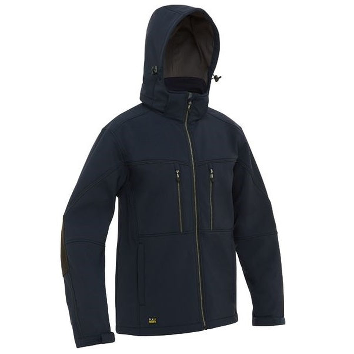 Bisley BJ6570 Flex And Move Hooded Soft Shell Jacket, navy blue hooded, worksite, all seasons, front view