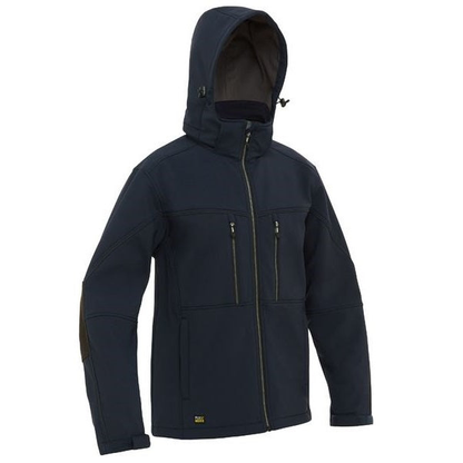 Bisley BJ6570 Flex And Move Hooded Soft Shell Jacket, navy blue hooded, worksite, all seasons, front view
