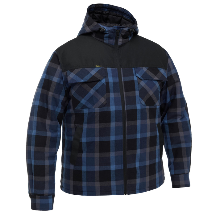 Bisley BJ6703 Contrast Check Zip Front Hoodie, blue black square plaid, warm lining, tradie, heavy duty hoodie, front view