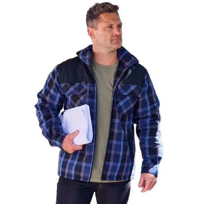 Bisley BJ6703 Contrast Check Zip Front Hoodie, model lifestyle view, blue black