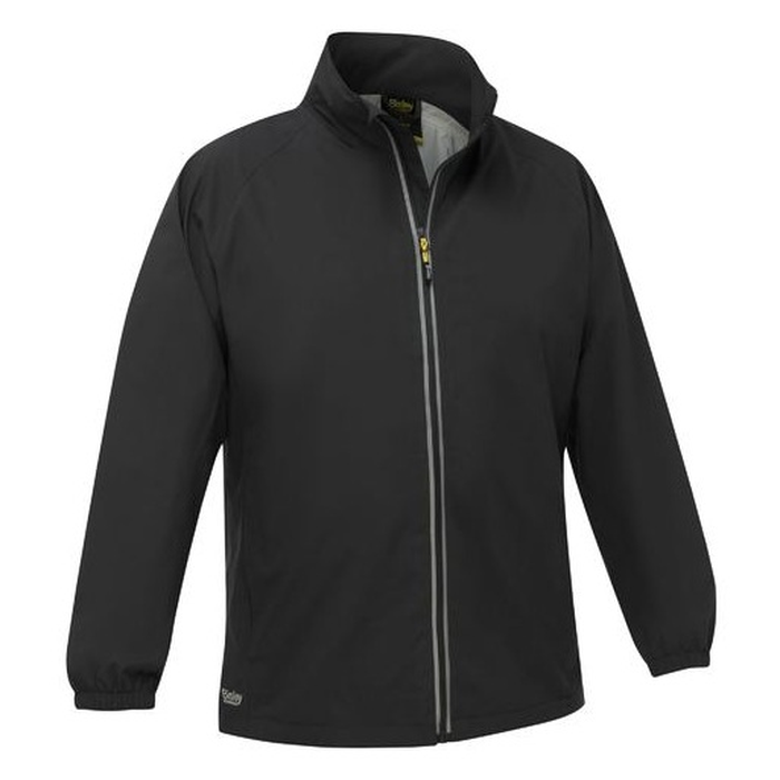 Bisley BJ6707 Packable Lightweight Ripstop Rain Jacket, black with charcoal zip detail, elastic cuff, all weather protection front view