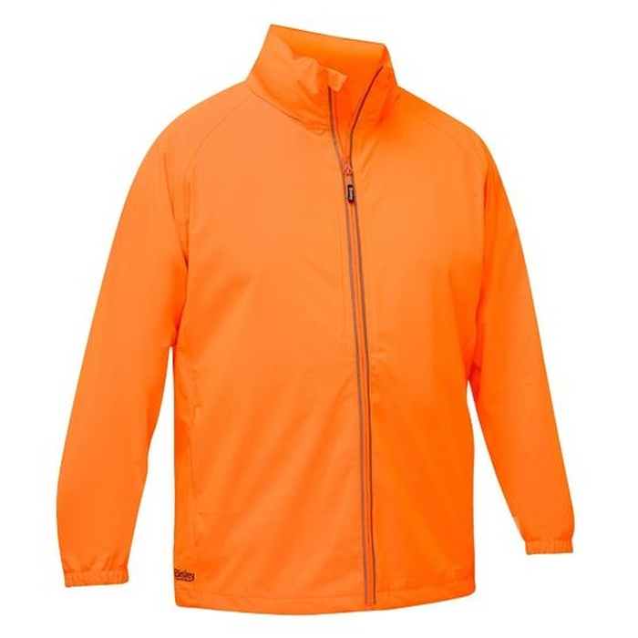 Bright fluro orange waterproof jacket with a full front zipper, high collar, Bisley BJ6707 Packable Lightweight Ripstop Rain Jacket front view
