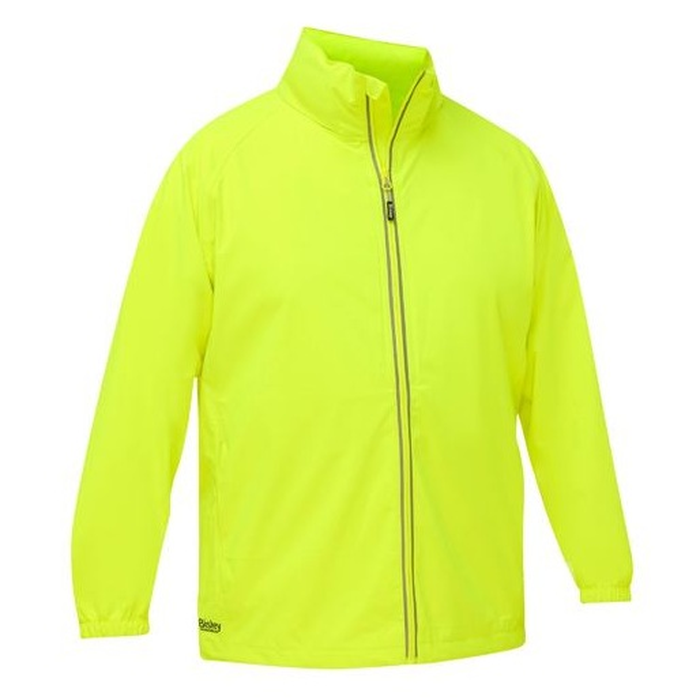 Bright neon fluro yellow-green Bisley BJ6707 Packable Lightweight Ripstop Rain Jacket, front view, seam sealed