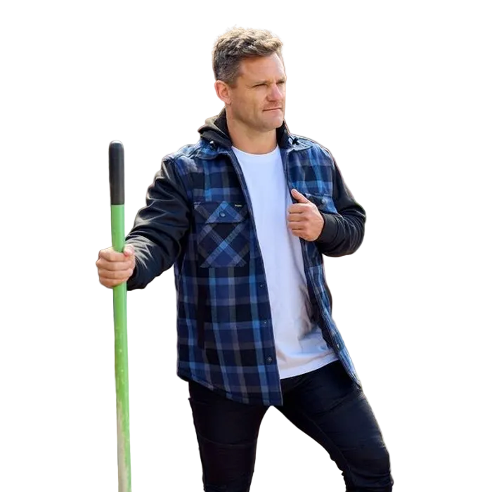Bisley BJ6708 Contrast Check Hooded Shirt, model llifestyle view, blue check, tradie work hoody shirt