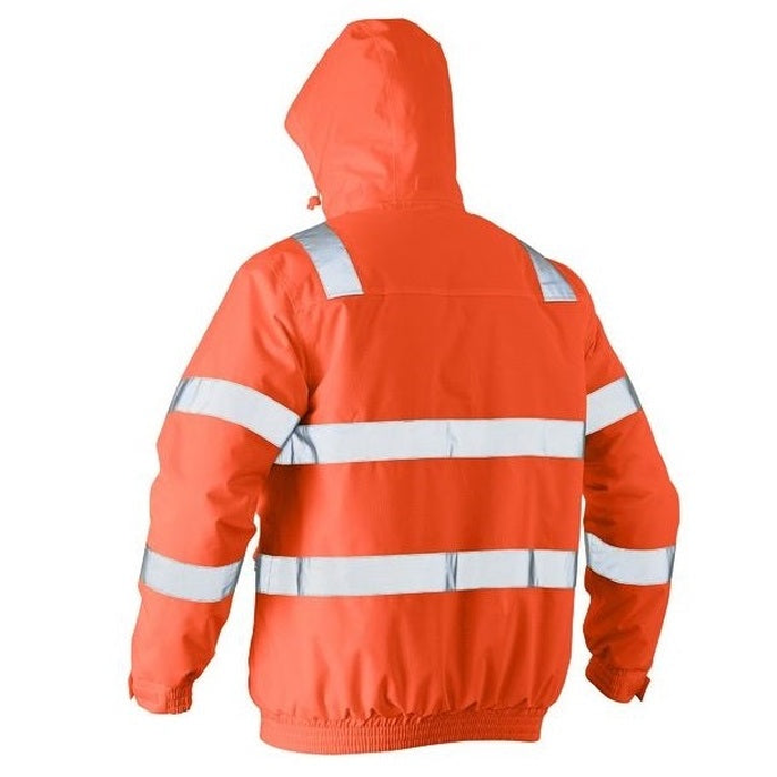 Bisley BJ6770T Taped HiVis Wet Weather Bomber Jacket, rear view hooded 