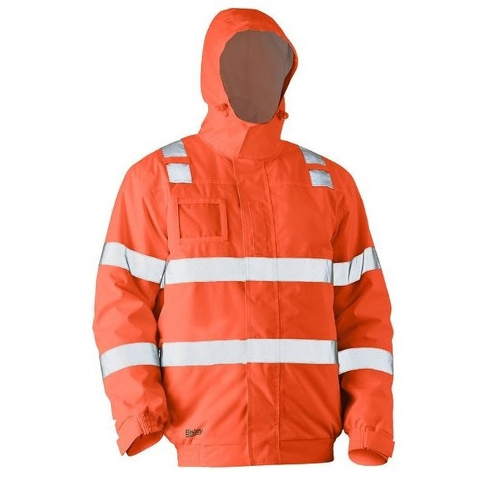 Orange, double sealed seams, waterproof, front view, Bisley BJ6770T Taped HiVis Wet Weather Bomber Jacket