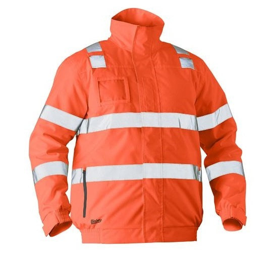 Orange high-visibility work jacket with reflective tape, Bisley BJ6770T Taped HiVis Wet Weather Bomber Jacket, front view