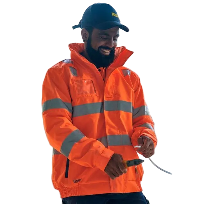 Model front view of orange,unisex Bisley BJ6770T Taped HiVis Wet Weather Bomber Jacket