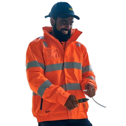 Model front view of orange,unisex Bisley BJ6770T Taped HiVis Wet Weather Bomber Jacket