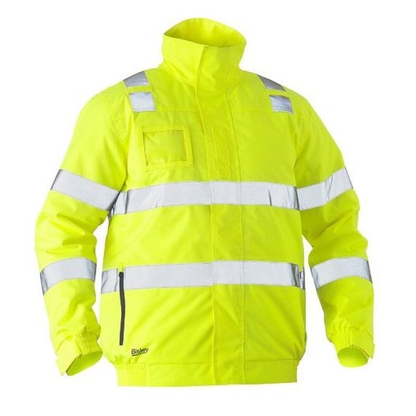 Bisley BJ6770T Taped HiVis Wet Weather Bomber Jacket, yellow hi visibility, zip pockets, front view