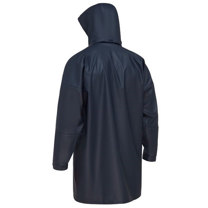Bisley BJ6835 Stretch PU Rain Coat, navy hooded, rear view