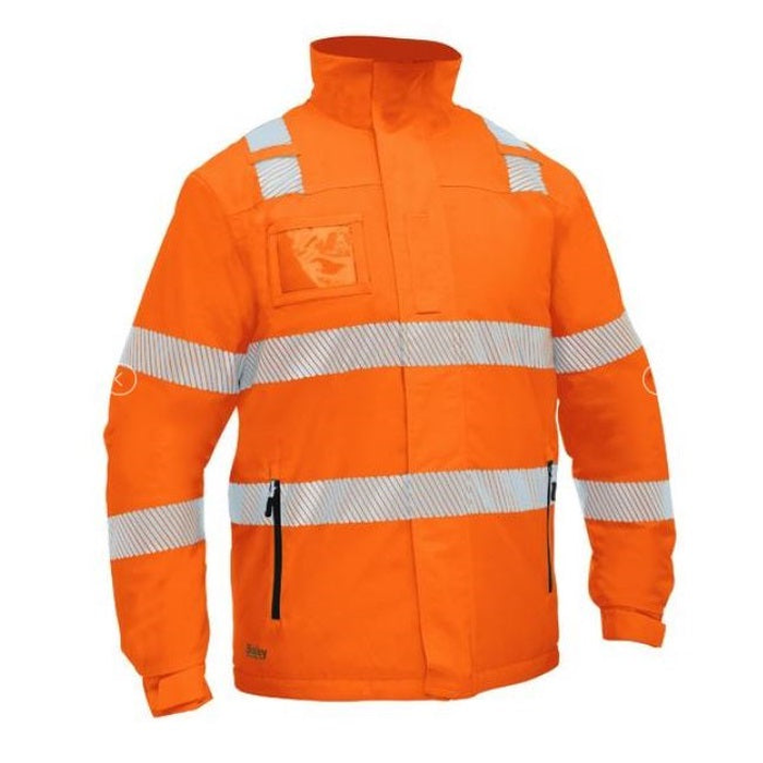 Orange high-visibility, Bisley BJ6842T Taped Hi Vis Heated Jacket With Hood, built in heating system front view