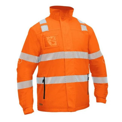 Orange high-visibility, Bisley BJ6842T Taped Hi Vis Heated Jacket With Hood, built in heating system front view