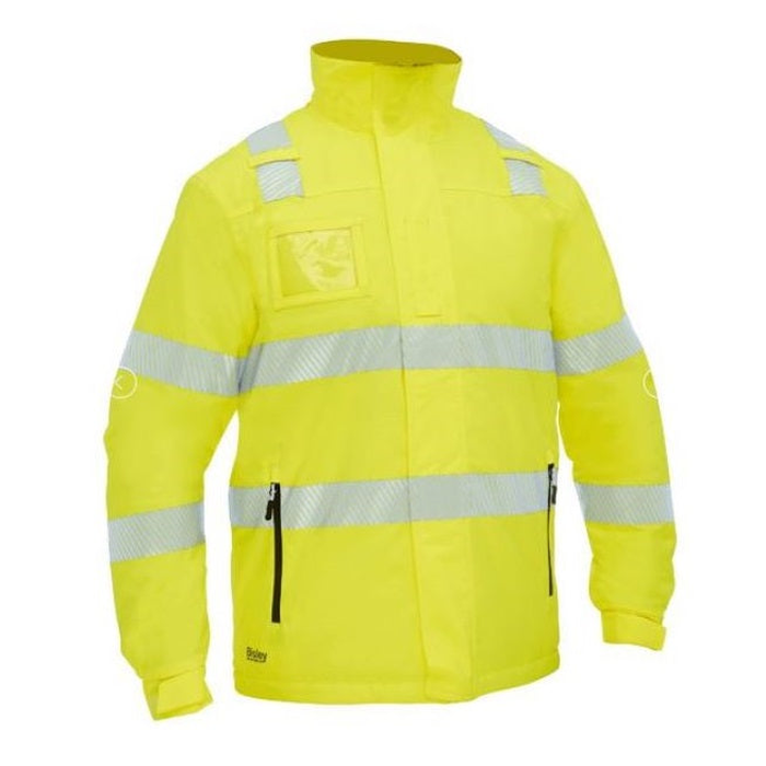 fluro yellow with reflective tape, mens, waterproof, heavy duty, Bisley BJ6842T Taped Hi Vis Heated Jacket With Hood, front view