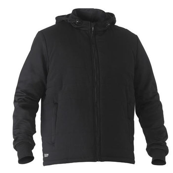Mens black, modern fit, adjustable, hood, Bisley BJ6844 Flex and Move Puffer Fleece Hooded Jacket, front view