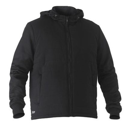 Mens black, modern fit, adjustable, hood, Bisley BJ6844 Flex and Move Puffer Fleece Hooded Jacket, front view