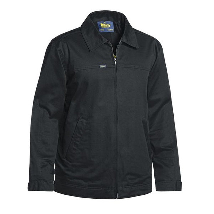 Mens, black, zip up with collar, fleece warm lining, front view, Bisley BJ6916 Cotton Drill Jacket