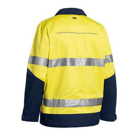 Yellow/navy, water repellent fabric, modern fit, rear view, mens, Bisley BJ6917T 3M Taped 2-Tone HiVis Liquid Repellent Cotton Drill Jacket