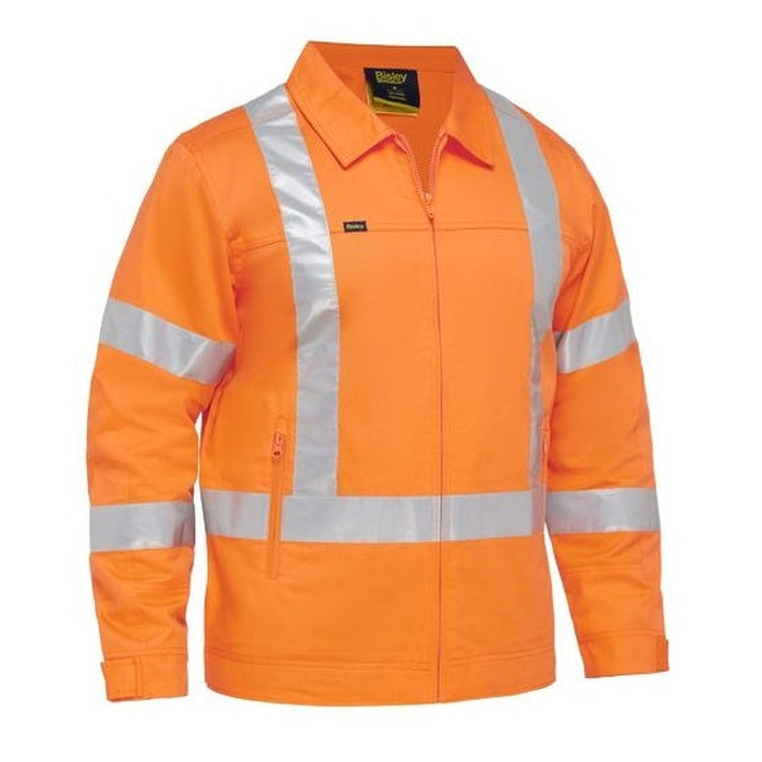 Rail Orange high-visibility NSW rail jacket, durable cotton drill, Bisley BJ6919XT X Taped HiVis Drill Jacket With Liquid Repellent Finish, front view